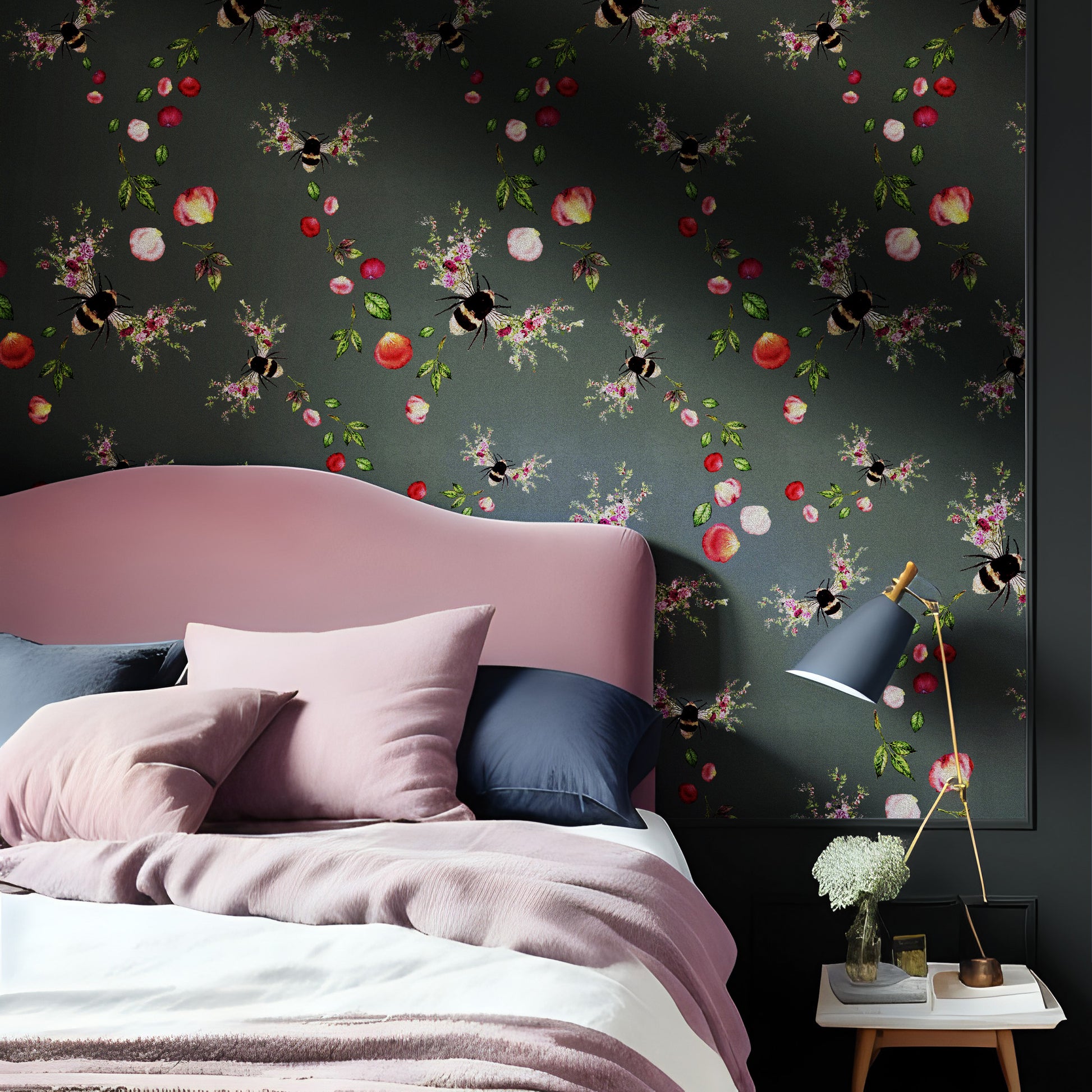 Bee Bloom Wallpaper - Choose a colour - Charcoal image