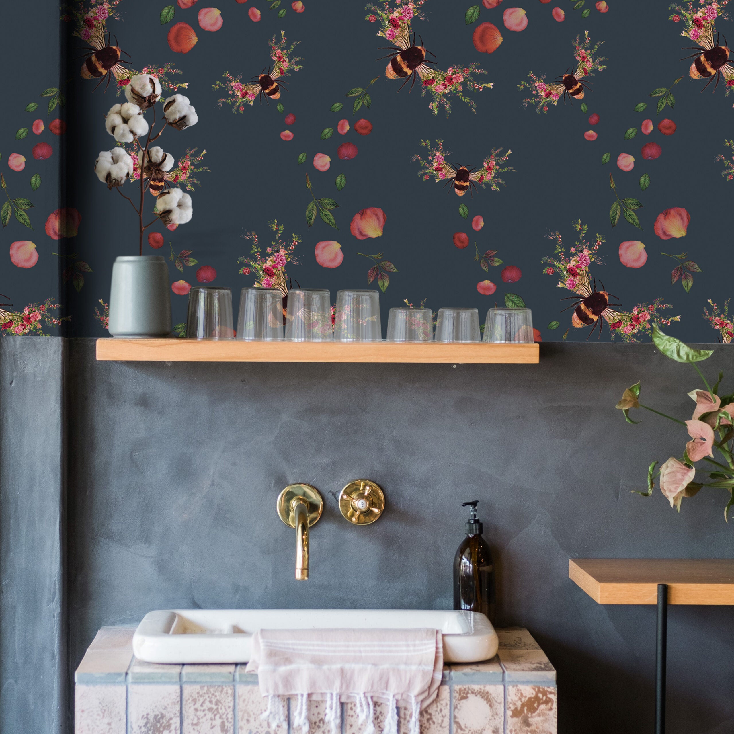 Bee Bloom Wallpaper - Choose a colour - Dark Blue image